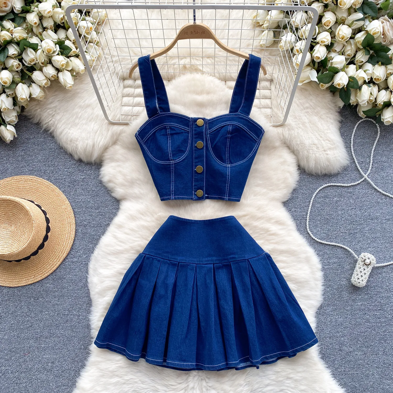 Short Camisole Versatile Mini Skirt Denim Two-Piece